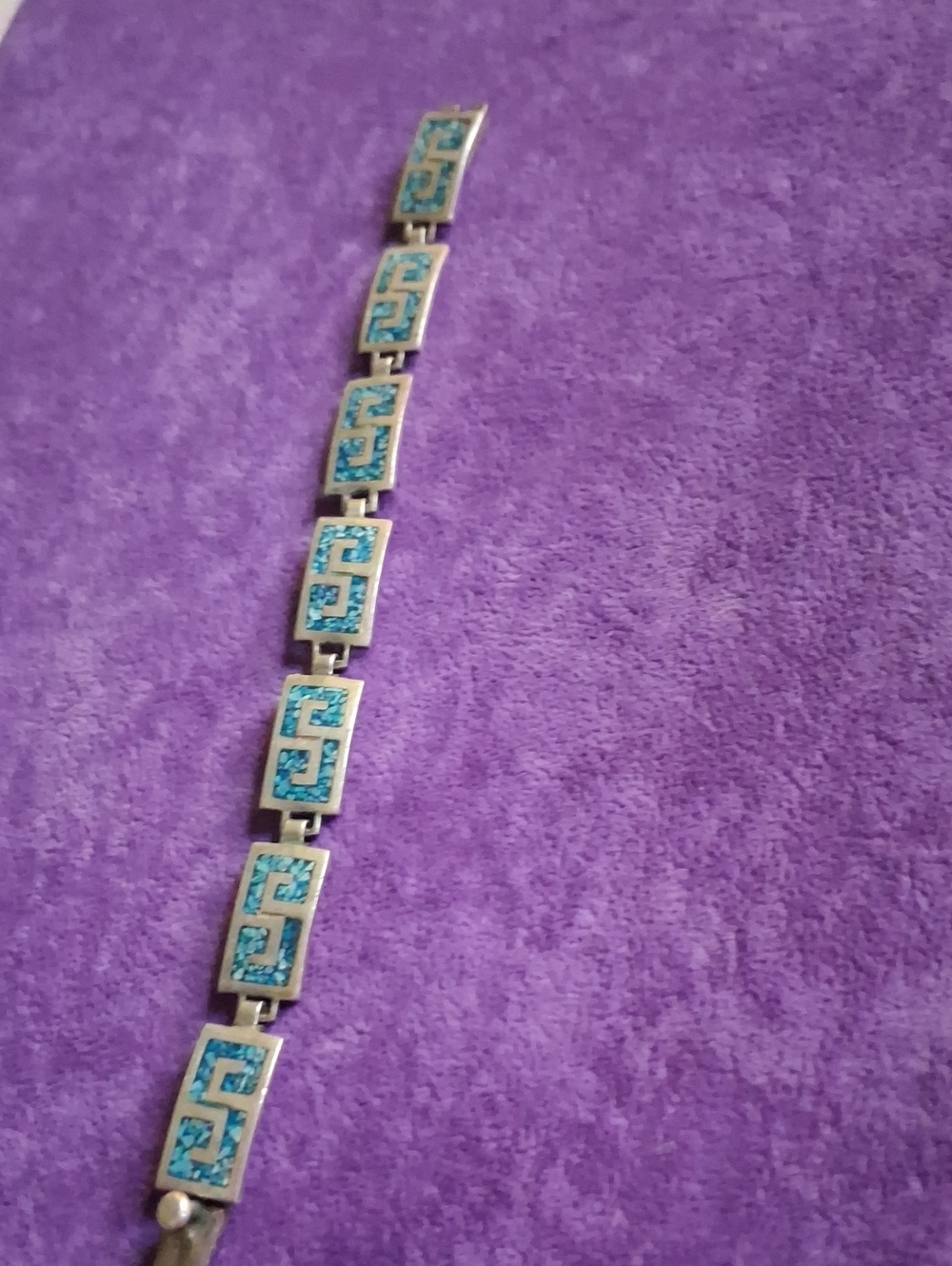 Vintage Turquoise Inlay Link Bracelet - Geometric Tile Design